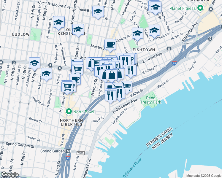 map of restaurants, bars, coffee shops, grocery stores, and more near 150 East Wildey Street in Philadelphia