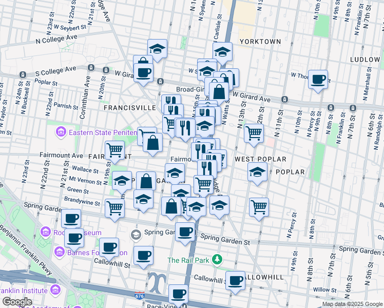 map of restaurants, bars, coffee shops, grocery stores, and more near 1422 Ridge Avenue in Philadelphia