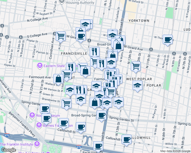 map of restaurants, bars, coffee shops, grocery stores, and more near 711 North 16th Street in Philadelphia