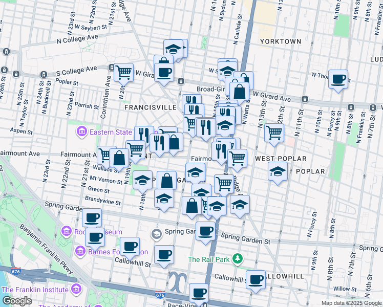 map of restaurants, bars, coffee shops, grocery stores, and more near 711 North 16th Street in Philadelphia