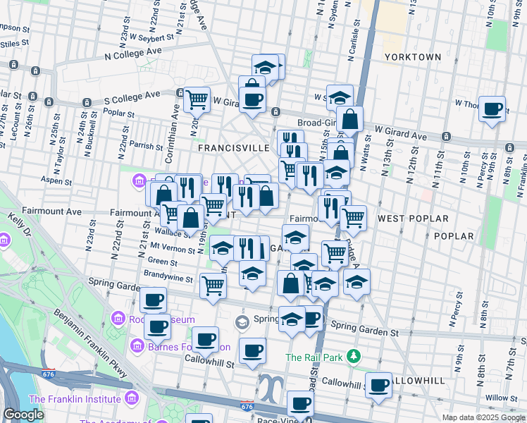 map of restaurants, bars, coffee shops, grocery stores, and more near 711 North 17th Street in Philadelphia