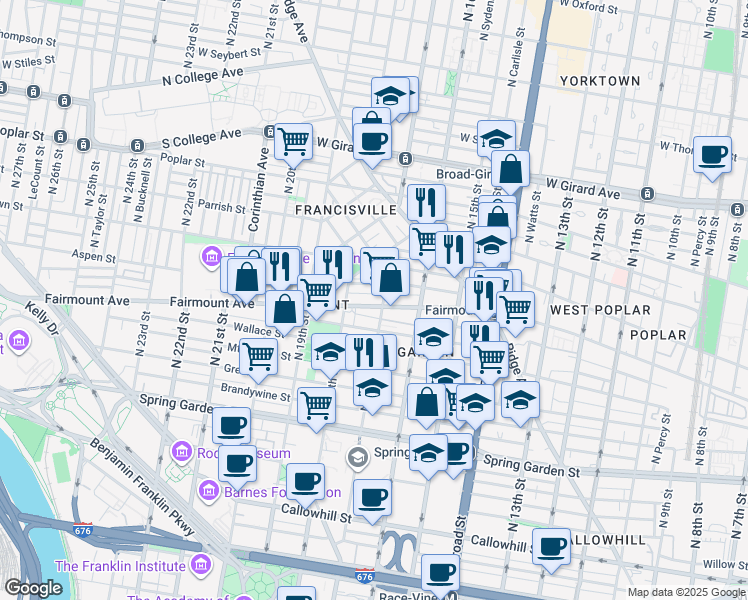 map of restaurants, bars, coffee shops, grocery stores, and more near 711 North 17th Street in Philadelphia