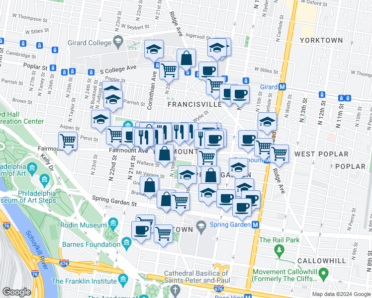 map of restaurants, bars, coffee shops, grocery stores, and more near in Philadelphia
