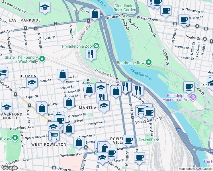 map of restaurants, bars, coffee shops, grocery stores, and more near 3504 Mantua Avenue in Philadelphia