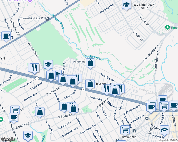 map of restaurants, bars, coffee shops, grocery stores, and more near 137 North Fairview Avenue in Delaware County