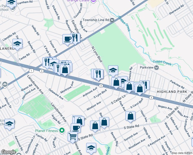 map of restaurants, bars, coffee shops, grocery stores, and more near 20 Hillside Avenue in Delaware County