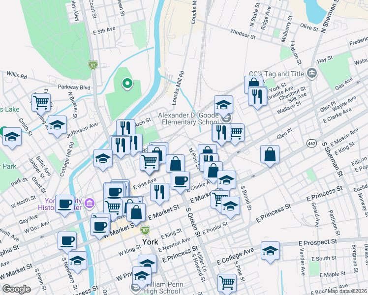 map of restaurants, bars, coffee shops, grocery stores, and more near 231 North Pine Street in York