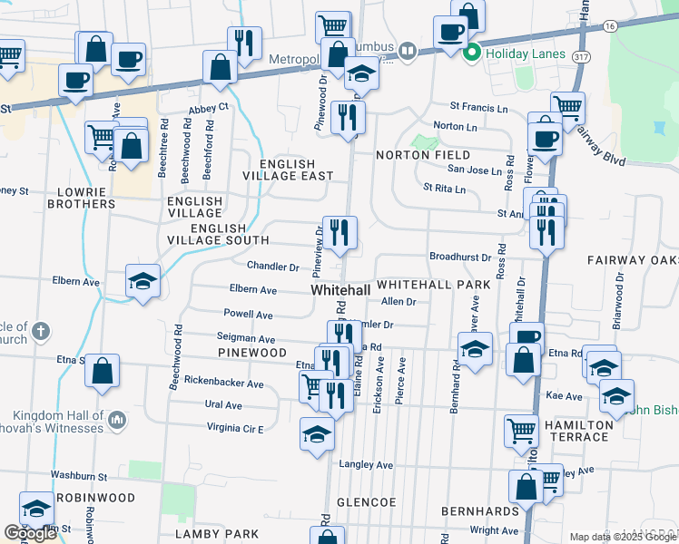 map of restaurants, bars, coffee shops, grocery stores, and more near 381 South Yearling Road in Whitehall
