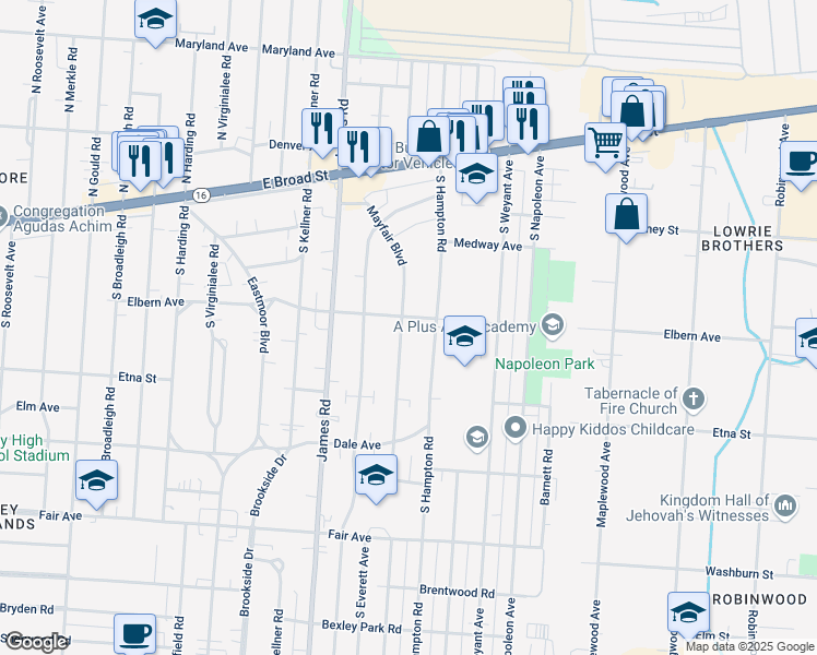 map of restaurants, bars, coffee shops, grocery stores, and more near 226 Mayfair Boulevard in Columbus