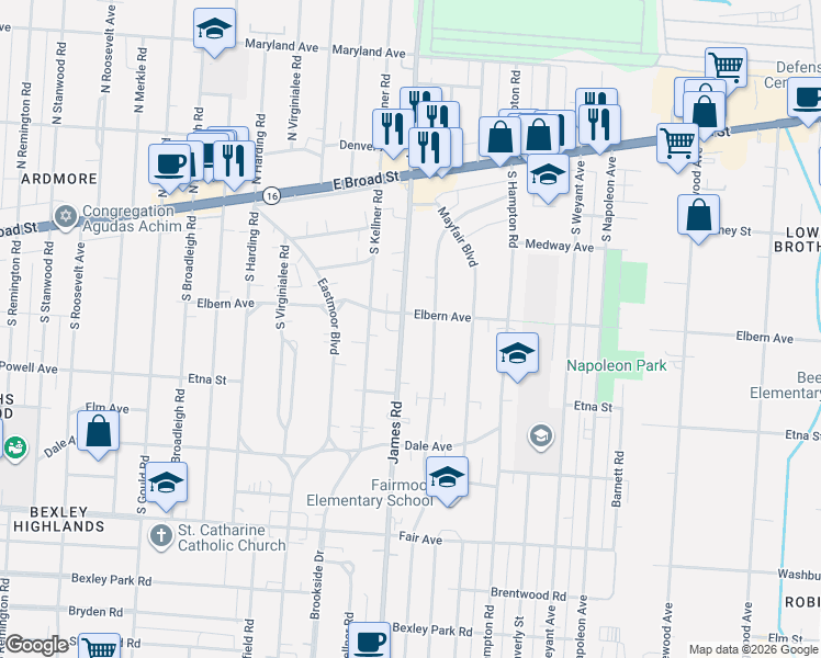 map of restaurants, bars, coffee shops, grocery stores, and more near 201 South James Road in Columbus