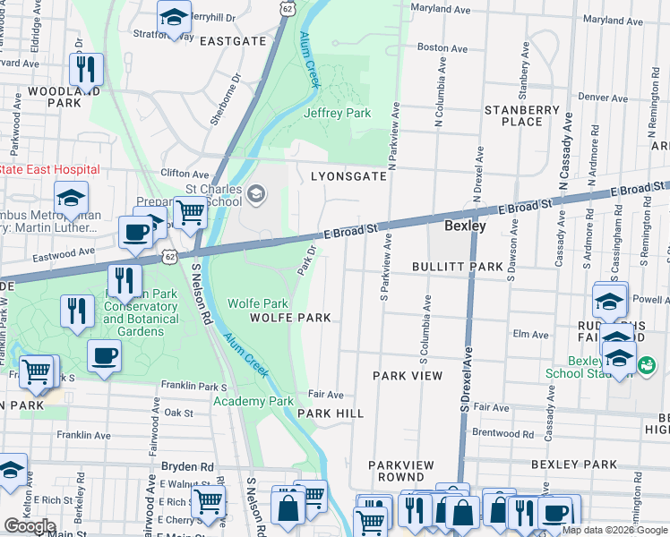 map of restaurants, bars, coffee shops, grocery stores, and more near 43 Preston Road in Columbus