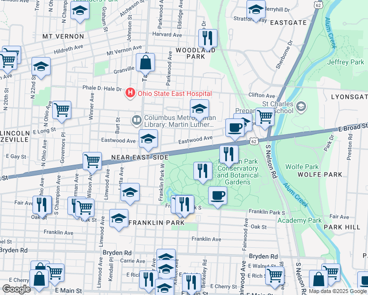 map of restaurants, bars, coffee shops, grocery stores, and more near 1640 East Broad Street in Columbus
