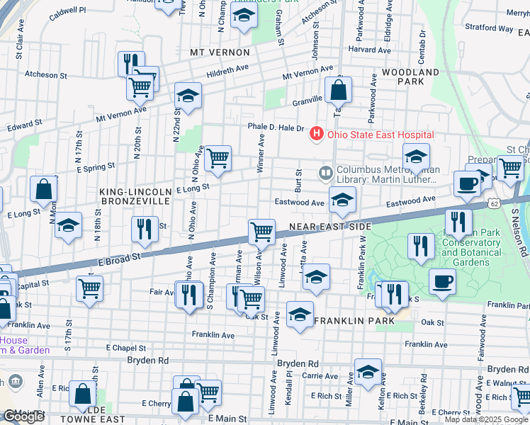 map of restaurants, bars, coffee shops, grocery stores, and more near 1355 Eastwood Avenue in Columbus