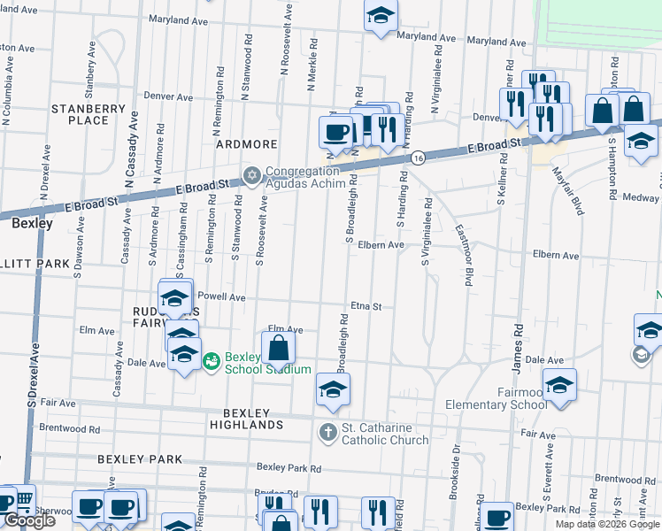 map of restaurants, bars, coffee shops, grocery stores, and more near 160 South Gould Road in Columbus