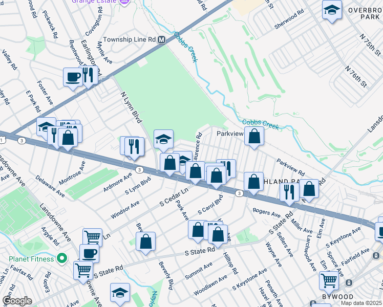 map of restaurants, bars, coffee shops, grocery stores, and more near 106 Green Valley Road in Upper Darby