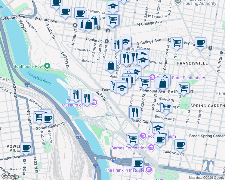 map of restaurants, bars, coffee shops, grocery stores, and more near Fairmount Avenue in Philadelphia