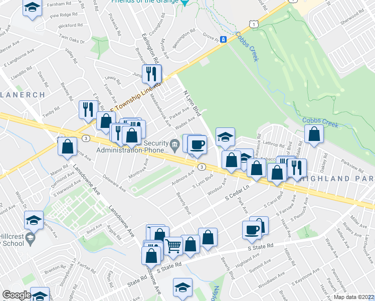map of restaurants, bars, coffee shops, grocery stores, and more near 14 Cloverdale Avenue in Delaware County