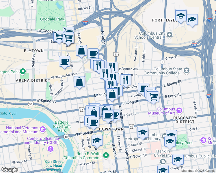 map of restaurants, bars, coffee shops, grocery stores, and more near 232 North 3rd Street in Columbus