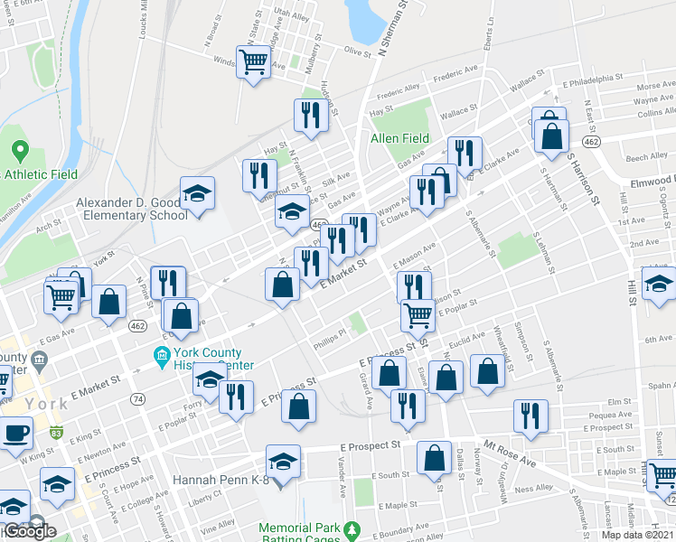 map of restaurants, bars, coffee shops, grocery stores, and more near 667 East Market Street in York