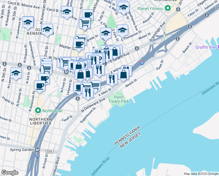 map of restaurants, bars, coffee shops, grocery stores, and more near 315 East Allen Street in Philadelphia
