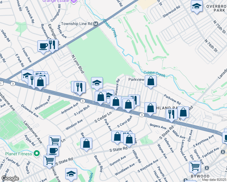 map of restaurants, bars, coffee shops, grocery stores, and more near 106 Green Valley Road in Upper Darby