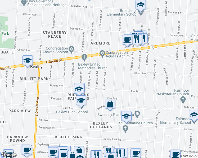 map of restaurants, bars, coffee shops, grocery stores, and more near 140 South Stanwood Road in Columbus