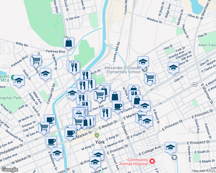 map of restaurants, bars, coffee shops, grocery stores, and more near 201 York Street in York