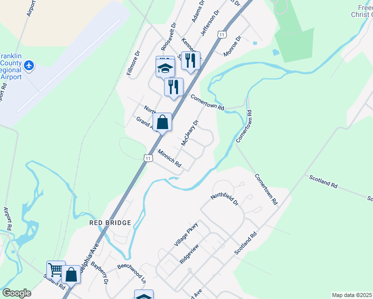 map of restaurants, bars, coffee shops, grocery stores, and more near 73 Brookmeadow Lane in Chambersburg