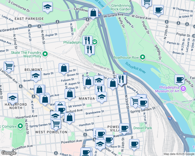 map of restaurants, bars, coffee shops, grocery stores, and more near 741 North 36th Street in Philadelphia