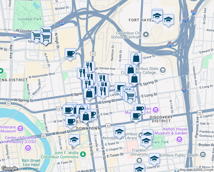 map of restaurants, bars, coffee shops, grocery stores, and more near 7641 Mckee Alley in Columbus