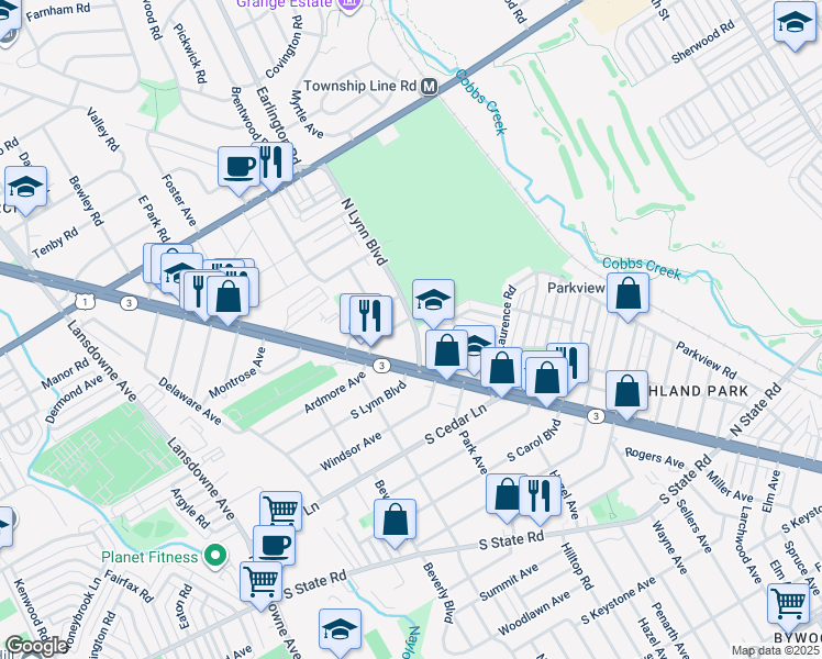 map of restaurants, bars, coffee shops, grocery stores, and more near 54 Hillside Avenue in Delaware County
