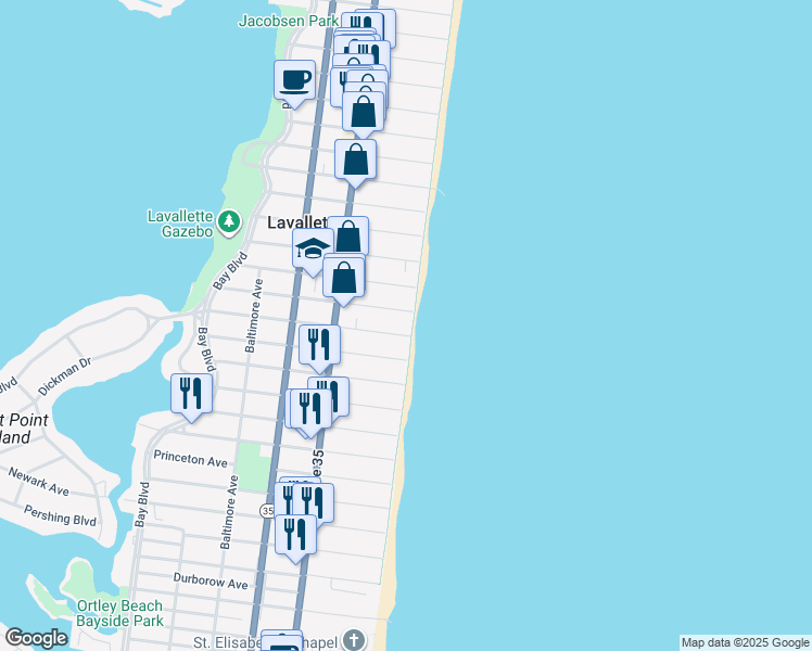 map of restaurants, bars, coffee shops, grocery stores, and more near 1 New Brunswick Avenue in Lavallette