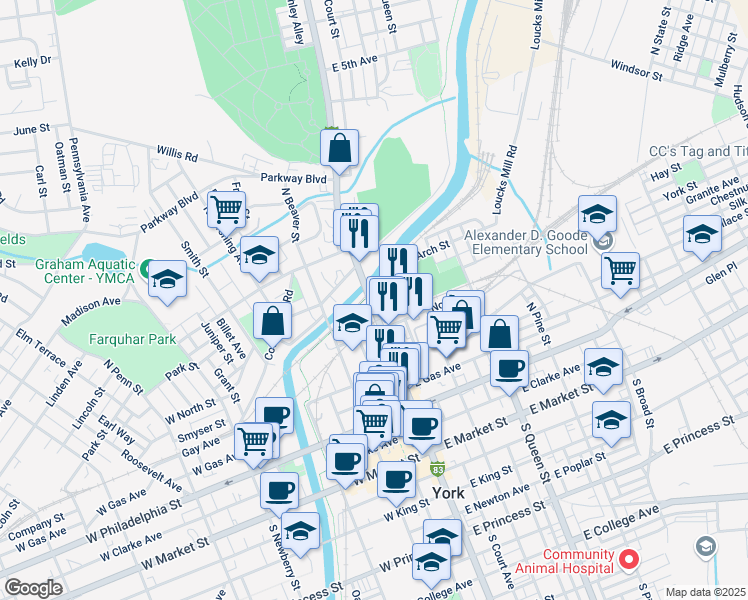 map of restaurants, bars, coffee shops, grocery stores, and more near 335 North George Street in York