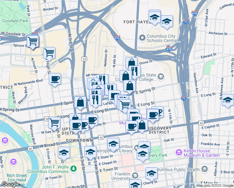map of restaurants, bars, coffee shops, grocery stores, and more near 211 North 6th Street in Columbus