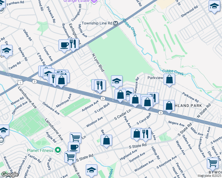 map of restaurants, bars, coffee shops, grocery stores, and more near 54 North Lynn Boulevard in Delaware County