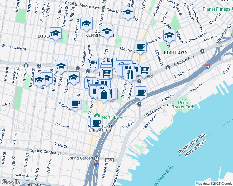 map of restaurants, bars, coffee shops, grocery stores, and more near 109 West Wildey Street in Philadelphia