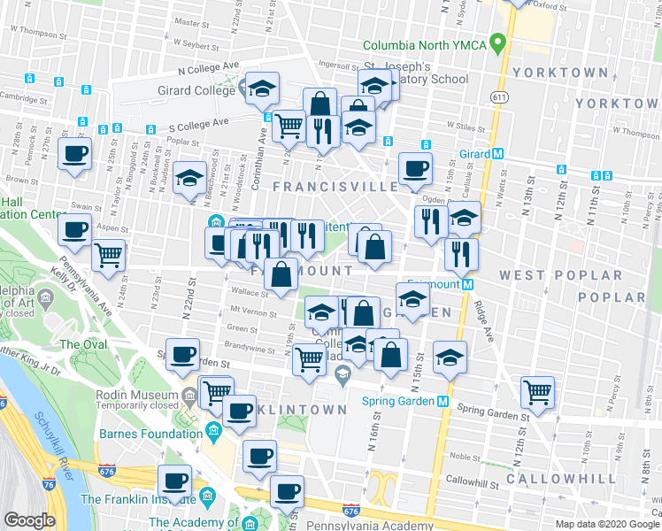 map of restaurants, bars, coffee shops, grocery stores, and more near 1740 Olive Street in Philadelphia