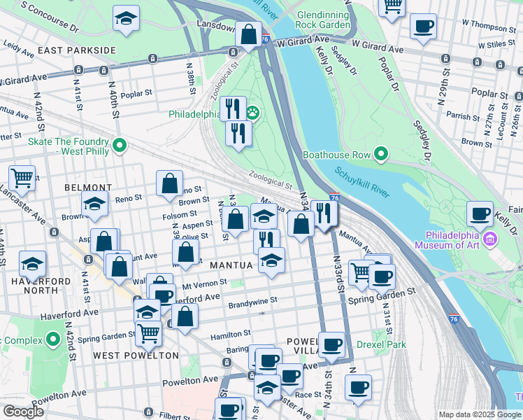 map of restaurants, bars, coffee shops, grocery stores, and more near 741 North 36th Street in Philadelphia