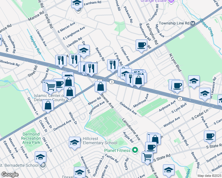 map of restaurants, bars, coffee shops, grocery stores, and more near 8527 Monroe Avenue in Upper Darby
