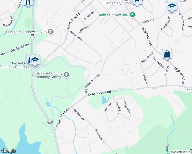 map of restaurants, bars, coffee shops, grocery stores, and more near 2654 Old Cedar Grove Road in Broomall