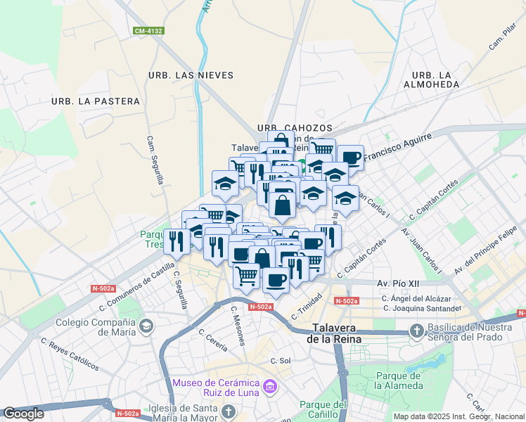 map of restaurants, bars, coffee shops, grocery stores, and more near 6 Calle San Juan Bautista la Salle in Talavera de la Reina