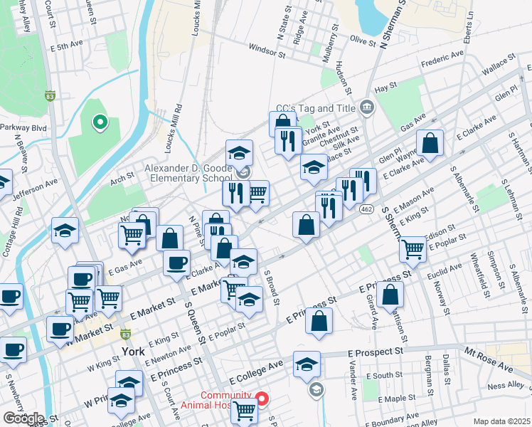 map of restaurants, bars, coffee shops, grocery stores, and more near 429 E Philadelphia St in York