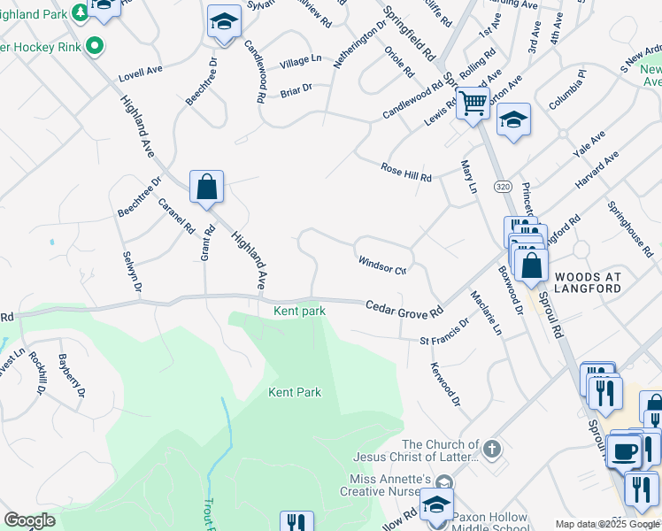 map of restaurants, bars, coffee shops, grocery stores, and more near 2507 Parke Lane in Broomall