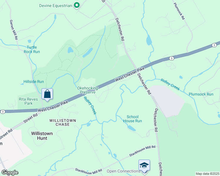 map of restaurants, bars, coffee shops, grocery stores, and more near 702 Whispering Brooke Drive in Newtown Square