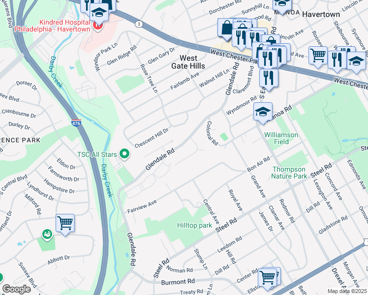 map of restaurants, bars, coffee shops, grocery stores, and more near 305 Glendale Road in Havertown