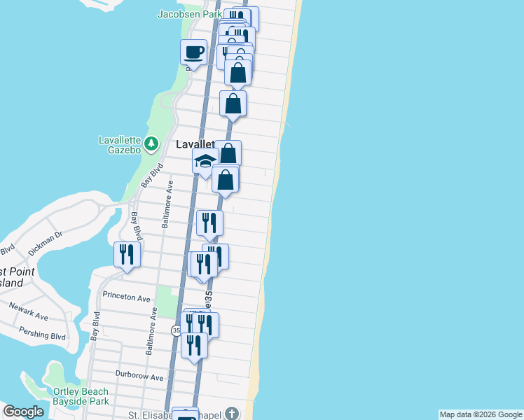 map of restaurants, bars, coffee shops, grocery stores, and more near 1 New Brunswick Avenue in Lavallette