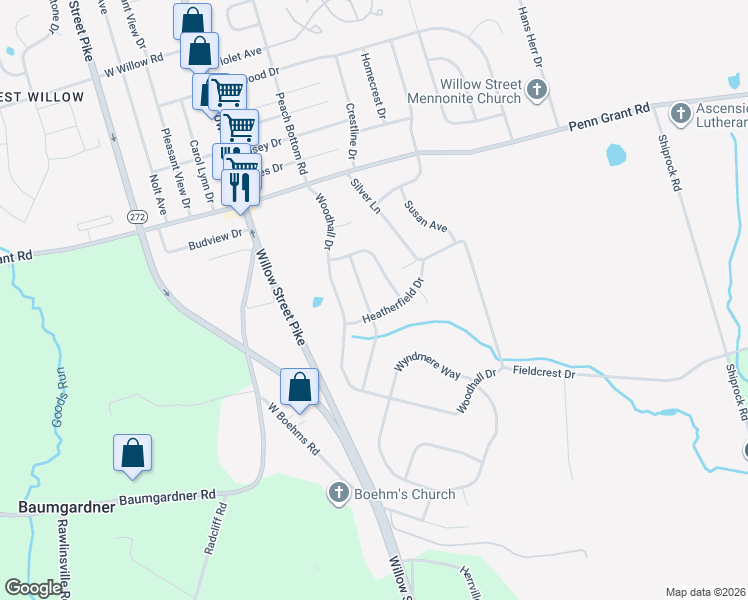 map of restaurants, bars, coffee shops, grocery stores, and more near 15 Bittersweet Path in Willow Street