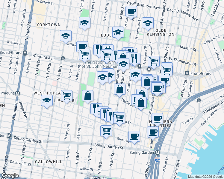 map of restaurants, bars, coffee shops, grocery stores, and more near 911 North 6th Street in Philadelphia
