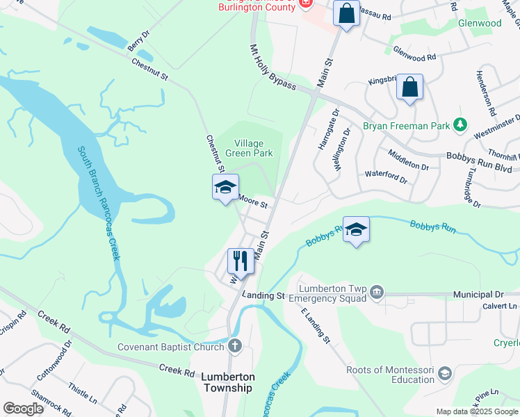 map of restaurants, bars, coffee shops, grocery stores, and more near 10 Moore Street in Lumberton