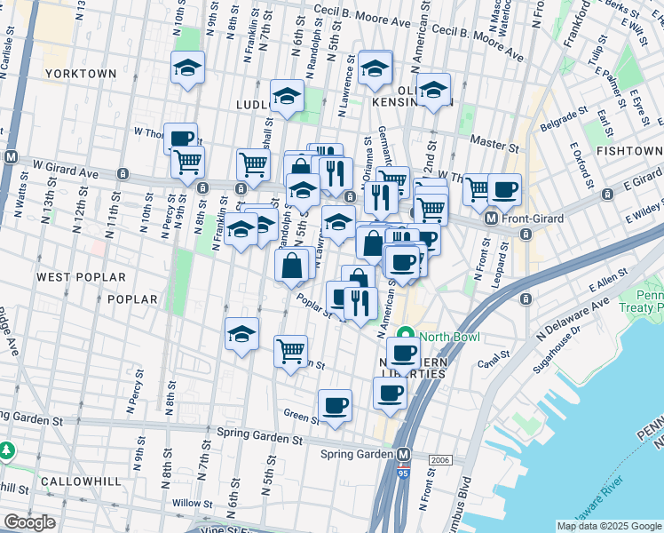 map of restaurants, bars, coffee shops, grocery stores, and more near 1020 North 4th Street in Philadelphia